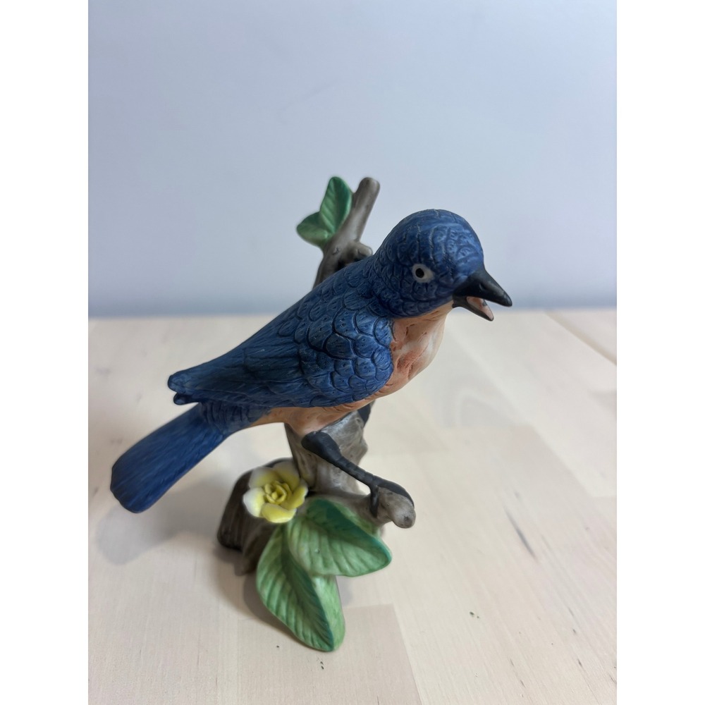 Vintage Ceramic Bluebird Figurine on Tree Branch with Yellow Flower 4.5 Inch